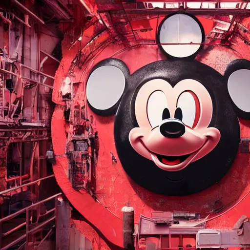 Image similar to a giant mickey mouse head, factory floor, dissected by network executives, octane render, cgstation, 3 d render, very detailed, mindblowing, blood and guts, gritty, cyberpunk, red and cinematic lighting, hyper realism