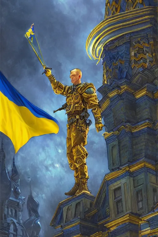 Image similar to special forces soldier raising ukrainian blue and yellow flag on st. basil cathedral, masculine figure, d & d, fantasy, bright atmosphere, volumetric lights, intricate, elegant, extremely detailed, digital painting, artstation, concept art, matte, smooth, sharp focus, hyper realistic, illustration, art by artgerm and greg rutkowski and alphonse mucha