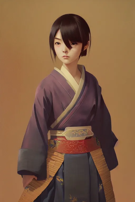Prompt: a portrait of a cute young female Samurai, Feudal Japanese setting, vivid colors, soft lighting, atmospheric, cinematic, moody, in the style of Ilya Kuvshinov and Range Murata, Krenz Cushart, rule of thirds, oil on canvas, 8k