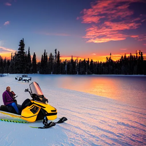 Prompt: a couple riding a skidoo on a lake, sunset, rendered in octane