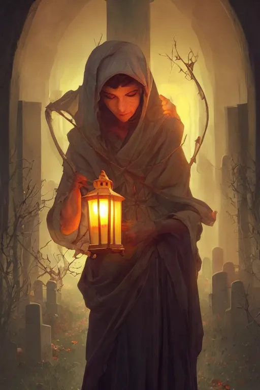 Prompt: cleric holding a lantern in a cemetery surrounded by zombies, highly detailed, digital painting, artstation, concept art, smooth, sharp focus, illustration, art by artgerm and greg rutkowski and alphonse mucha and andrei riabovitchev