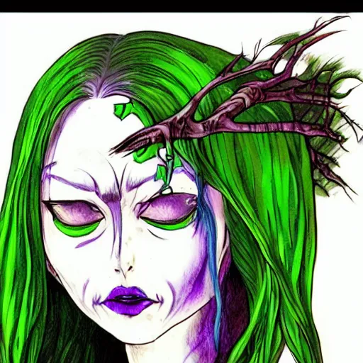 Prompt: character art of evil druidess | dynamic pose | by Junji Ito | blighted forest | comic book style | realistic face and body | beautiful detailed young face | pulp adventure heroine | green and purple vivid watercolor | detailed pen and ink