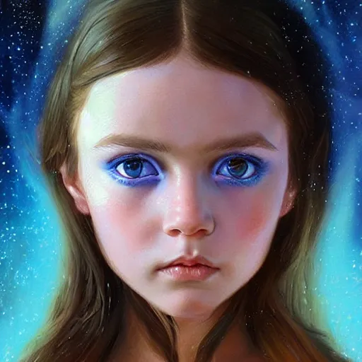 Image similar to a little girl with short wavy curly light brown hair and blue eyes, a space empress in byzantine style. beautiful highly detailed face, painting by ilya kuvshinov and raymond swanland