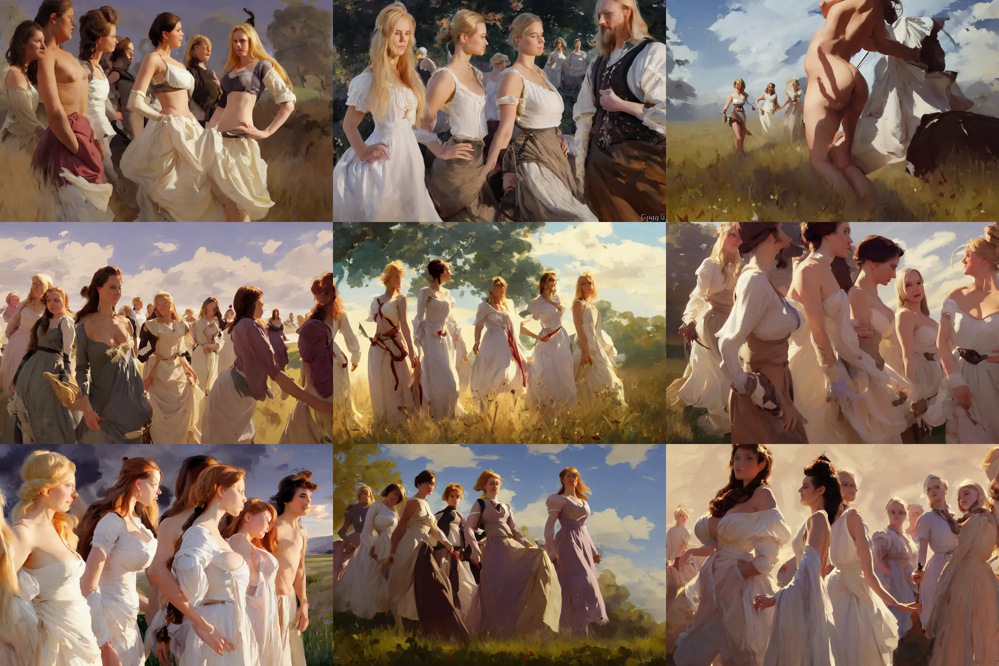 Image similar to five of beautiful finnish norwegian swedish scandinavian attractive glamour models wearing 1 7 th century mantua with low neckline walking in the field in a sunny day, jodhpurs greg manchess painting by sargent and leyendecker, studio ghibli fantasy close - up shot asymmetrical intricate elegant matte painting illustration hearthstone, by greg rutkowski by greg tocchini by james gilleard