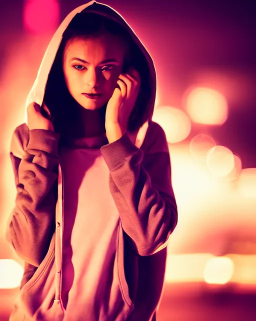 Image similar to a closeup portrait of as beautiful young woman wearing a transparent hoody standing in the middle of a busy night road, misty with lots of bright neon lights on the background, very backlit, moody feel, dramatic