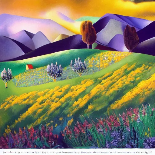 Image similar to mountain landscape in spring, flowers, teal landscape, dreamy light, sunny complementary palette, by and jacek yerga and tamara de lempicka and jesse king, pop surrealist, wiccan