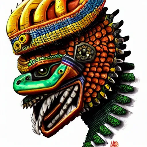 Image similar to a expressive portrait of masked diesel punk quetzalcoatl on the art of mayan ancient culture artstation award - winning realistic sci - f