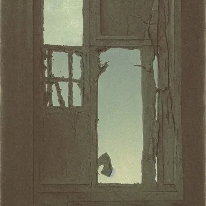 Image similar to painting of a broken window with the bloody hand of a female ghost by caspar david friedrich