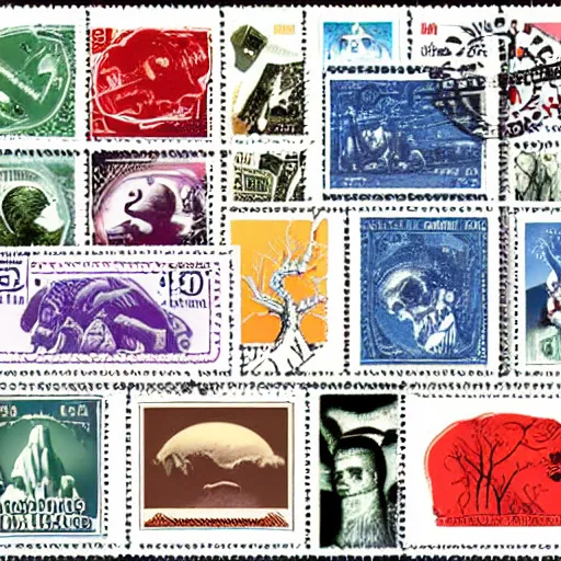 Prompt: stamps from a alternate dimension, stamp collection, eerie