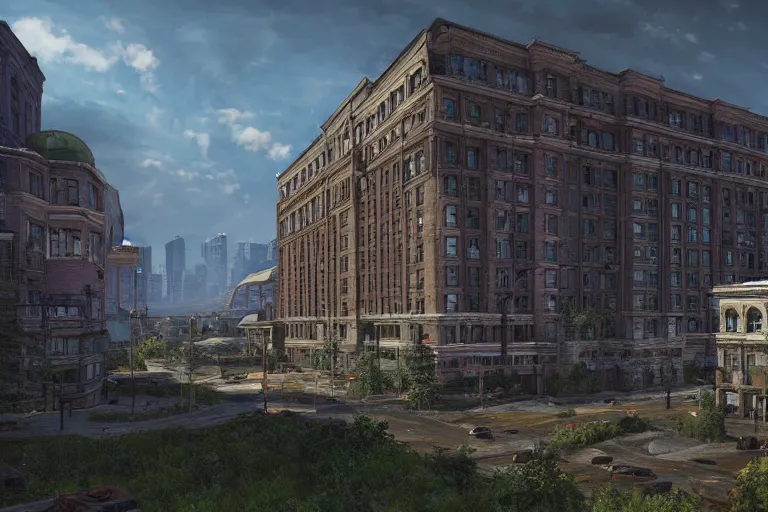 Prompt: realistic digital concept art of palliser hotel, calgary alberta being reclaimed by nature in the last of us, or horizon zero dawn, and tokyo genso style