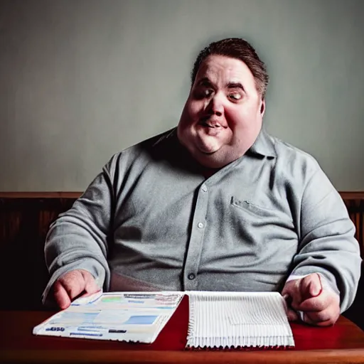 Image similar to portrait photo of old, fat spiderman doing taxes