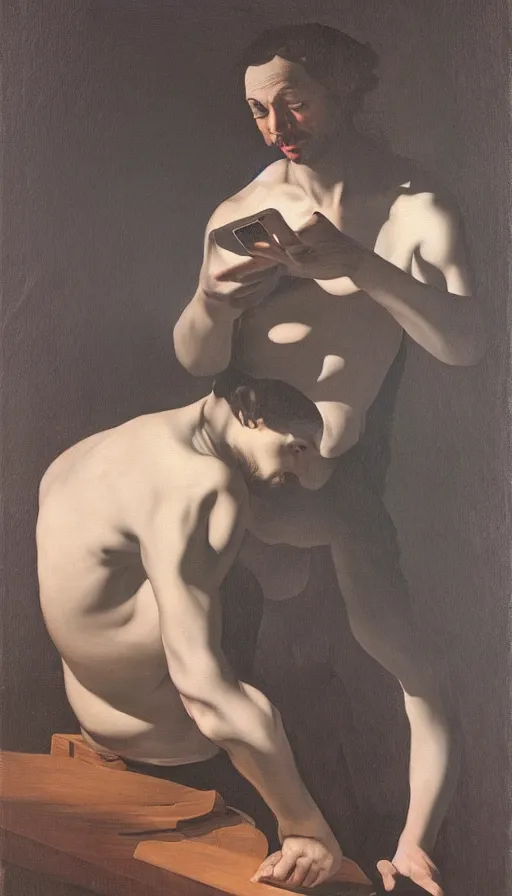 Image similar to hyperrealistic still life painting of a man illuminated by blue light from his phone, by Caravaggio, dark room, botanical print
