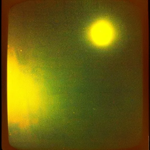 Image similar to ufo flying over a forest at night, grainy photo, old polaroid,
