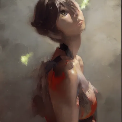 Image similar to greg manchess painting of an anime woman, direct flash photography at night, ruan jia