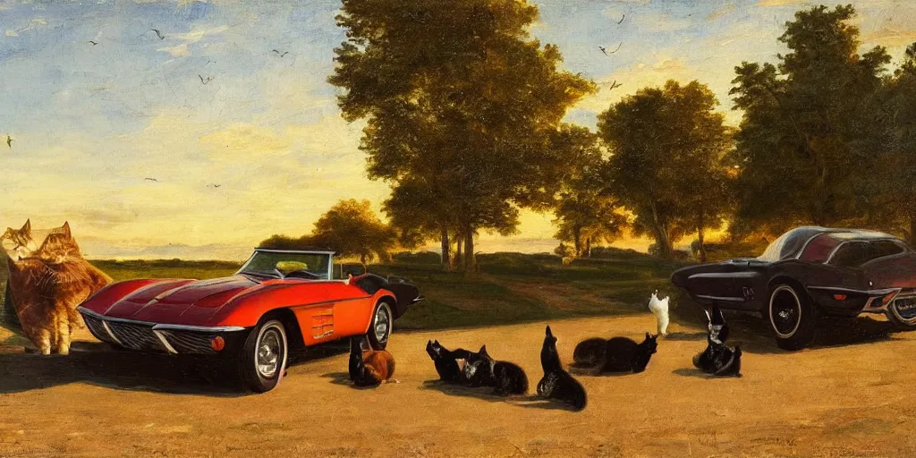 Image similar to corvette with cats sitting in and on the car, old dutch painting, golden hour, shadows, wide shot