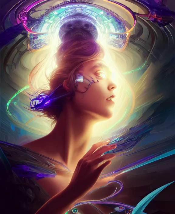 Image similar to a whirlwind of souls rushing inside the metaverse, half body, glowin eyes, tiara with sapphire, pharaoh, android, cyberpunk, d & d, fantasy, intricate, elegant, highly detailed, colorful, vivid color, digital painting, artstation, concept art, art by artgerm and greg rutkowski and alphonse mucha and ruan jia