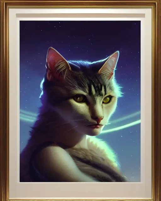 Prompt: a potrait of a space cat, fine details. night setting. realistic shaded lighting poster by ilya kuvshinov katsuhiro, artgerm, jeremy lipkin and michael garmash, unreal engine, radiant light, detailed and intricate environment