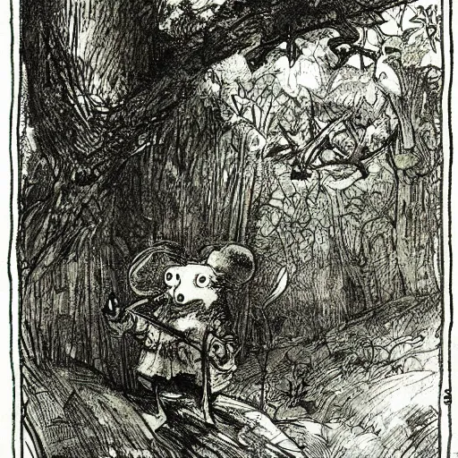 Prompt: an adventurous anthropomorphic mouse wearing medieval clothing walking through a lush forest, an anthropomorphic owl is watching him from the tree tops, vasnetsov, Rembrandt