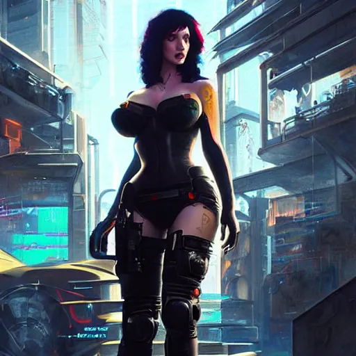 Image similar to christina hendricks in cyberpunk 2 0 7 7, intricate, elegant, highly detailed, digital painting, artstation, concept art, smooth, sharp focus, illustration, art by artgerm and greg rutkowski