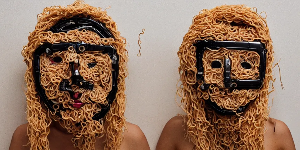 Prompt: a beautiful cyborg made of ceremonial ramen maske