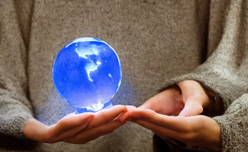 Image similar to wizard seated in dimly lit study, holding hand over a crystal ball, crystal ball glowing blue