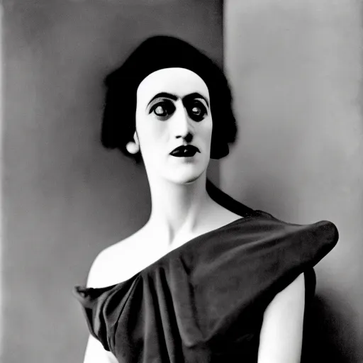 Image similar to old monochrom photography of a beautiful woman with a magpie dress, by man ray, alfred ghisoland, george edward hurrell, 4 k,