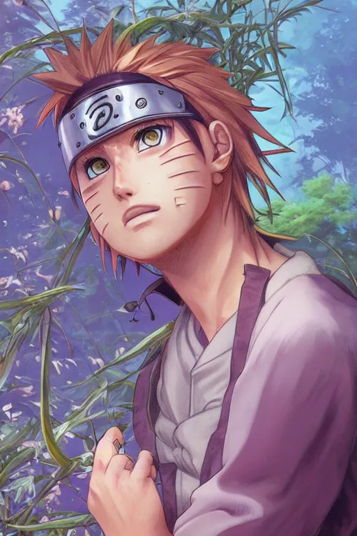 Image similar to Naruto, wavy hairstyle, highly detailed, in a magical lush field of overgrown plants, digital painting, artstation, concept art, smooth, sharp focus, illustration, cinematic lighting, art by artgerm and greg rutkowski and alphonse mucha