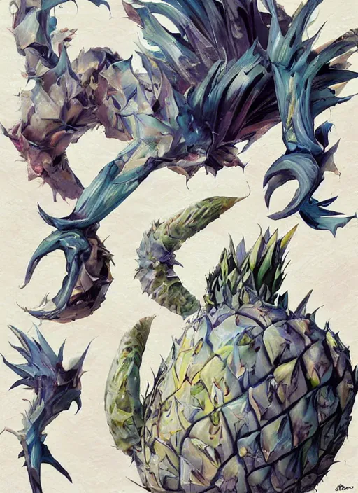 Image similar to semi reallistic gouache gesture painting, by yoshitaka amano, by ruan jia, by Conrad roset, by dofus online artists, detailed anime 3d render pineapple alien monster, pineapple terrible alien monster, antrophomorfic pineapple , portrait, cgsociety, artstation, rococo mechanical, Digital reality, sf5 ink style, dieselpunk atmosphere, gesture drawn