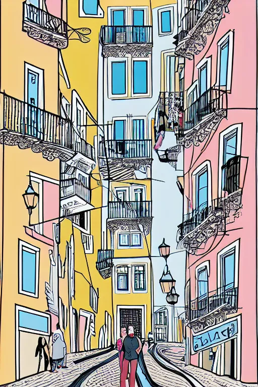 Image similar to lisbon, illustration, in the style of katinka reinke