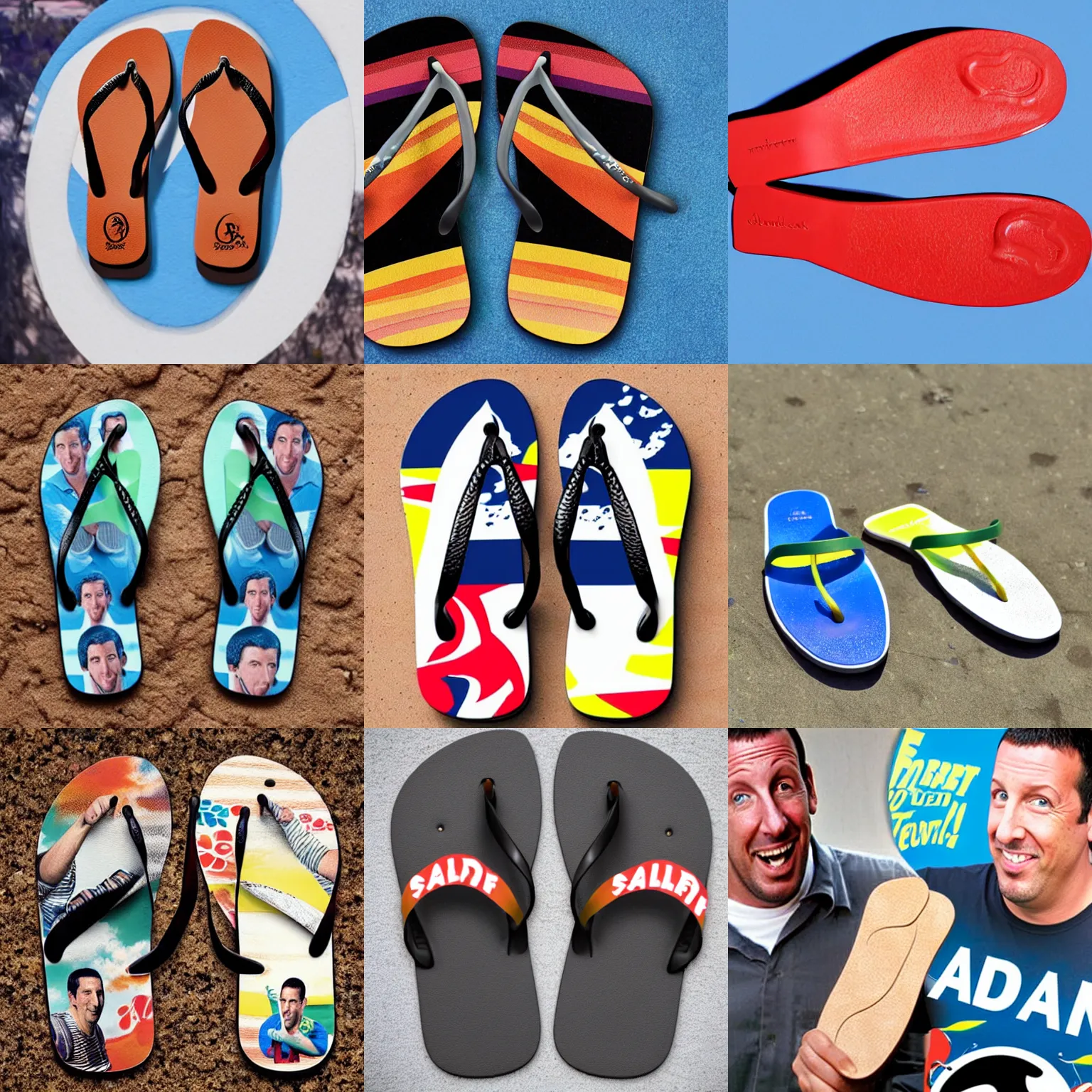 Prompt: a flip - flop that is made of adam sandler