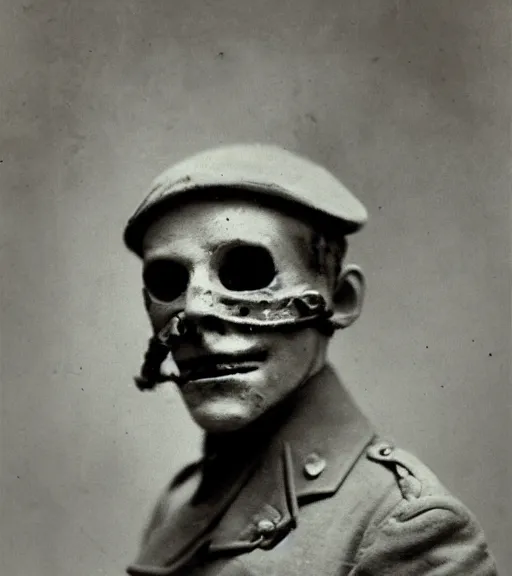 Image similar to person wearing death mask, ww1 photo, grainy, high detail, high resolution, tehnicolor