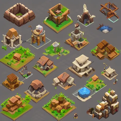 Prompt: A isometric game assets spritesheet from dofus Online, tree of savior and clash of clans. HD vector Containing modular props, terrain, trees, floor, bricks, platform, vector art, very detailed