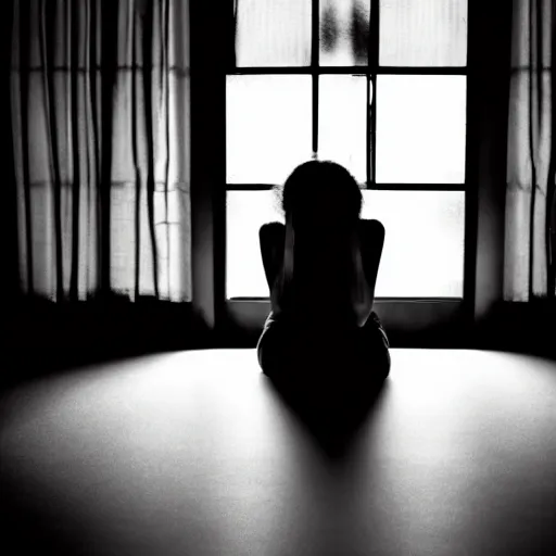 Image similar to Silhouette of a girl crying and trying to hide her tears, sitting in a dark room, with a faint light coming through, professional award winning photography, black and white, law of the thirds