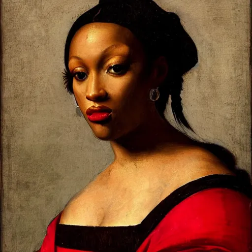 Prompt: a renaissance portrait painting of megan thee stallion, in the style of rembrandt van rijn & caravaggio