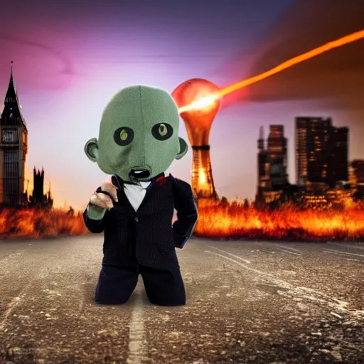 Prompt: evil toy puppet sitting in the middle of abandoned london with nuclear explosion on the background