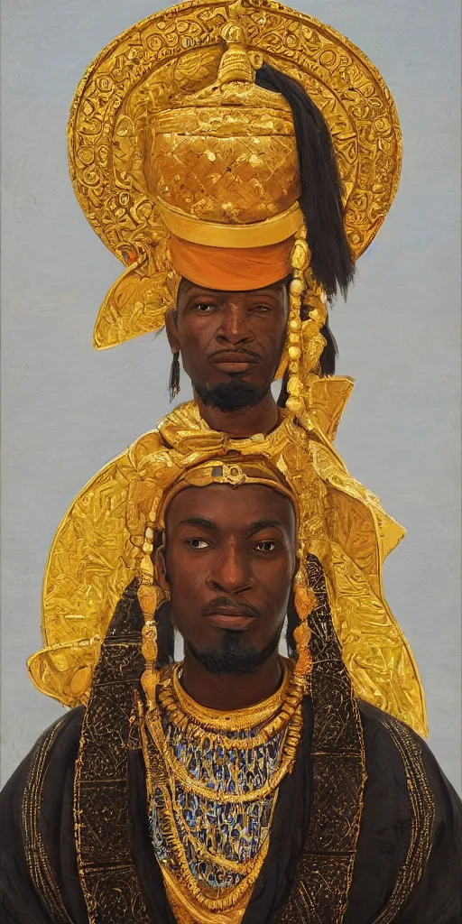 Image similar to a stunning and noble highly detailed romantic period style portrait of Mansa Musa by Josep Tapiró Baró, trending on artstation, oil painting masterpiece, symmetry, African iconography