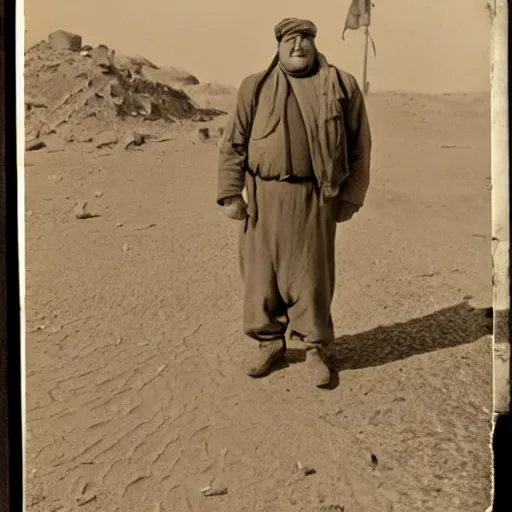 Image similar to peter griffin in the deserts of iraq, amongst other people, black and white, early 1 9 0 0 s photograph