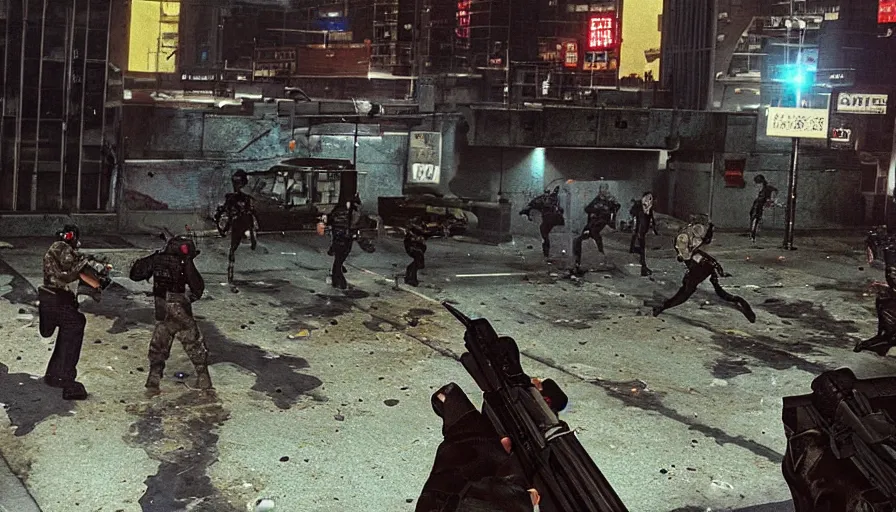 Prompt: 1990 Video Game Screenshot, Anime Neo-tokyo Cyborg bank robbers vs police, Set inside of the Bank, Open Bank Vault, Multiplayer set-piece Ambush, Tactical Squads :10, Police officers under heavy fire, Police Calling for back up, Bullet Holes and Realistic Blood Splatter, :10 Gas Grenades, Riot Shields, Large Caliber Sniper Fire, Chaos, Akira Anime Cyberpunk, Anime Machine Gun Fire, Violent Action, Sakuga Gunplay, Shootout, :14 Cel Shaded :19 , Inspired by Intruder :10 Created by Katsuhiro Otomo + Capcom: 19,