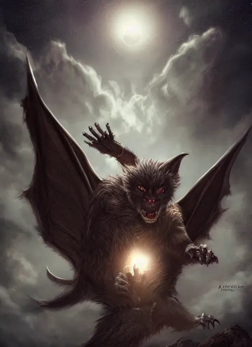 Prompt: a man - bat creature flies, moonlit night, fantasy, wide angle, 8 k, high definition, insanely detailed, intricate, elegant, professionally retouched, soft lighting, art by artgerm and wlop