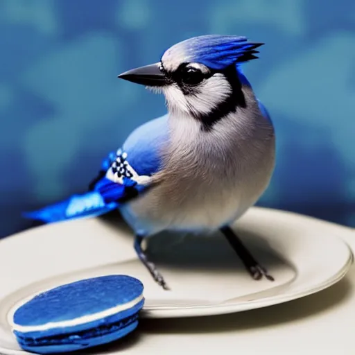 Prompt: photo of blue jay standing in a plate filled with blue macaroons