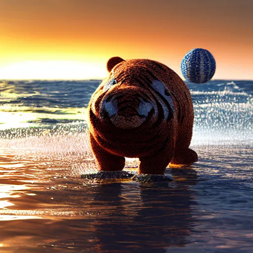 Image similar to a closeup photorealistic photograph of a cute smiling knitted tiger hippopotamus chasing a beachball at sunset. surf in the background. professional capture. this 4 k hd image is trending on artstation, featured on behance, well - rendered, extra crisp, features intricate detail, epic composition and the style of unreal engine.