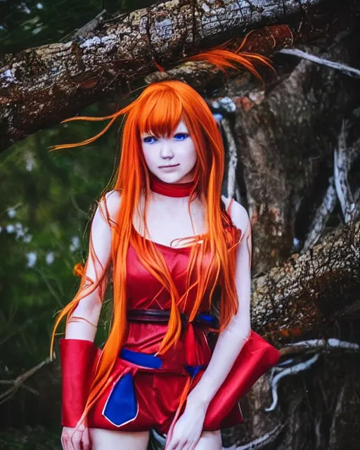 Image similar to beautiful Asuka Langley from evangelion as a real person dressed as a slavic priestess in holy birch forest in spring, 35mm, iPhone photo, HDR, DSLR, cinematic, trending on Instagram, 8k, 4k