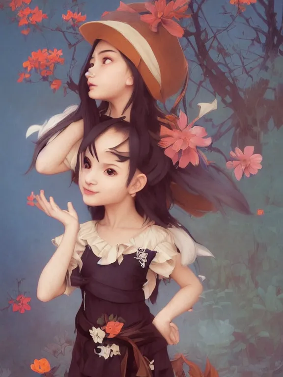 Image similar to Full shot of a cute mischievous young witch about to get up to some trouble. Latin American fashion. Floral patterns. Black and Orange palette. Latina girl. brown skin. defined facial features, symmetrical facial features. Smiling. By Ruan Jia and Artgerm and Range Murata and WLOP and Ross Tran and William-Adolphe Bouguereau. Key Art. Fantasy Illustration. award winning, Artstation, intricate details, realistic, Hyperdetailed, 8k resolution.