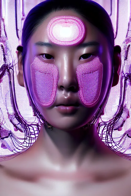 Prompt: young asian woman, iris van herpen, beautiful face, perfect symmetrical body, full body shot, inflateble shapes, wires, tubes, veins, jellyfish, white biomechanical details, wearing epic bionic cyborg implants, masterpiece, intricate, biopunk, vogue, highly detailed, artstation, concept art, cyberpunk, octane render