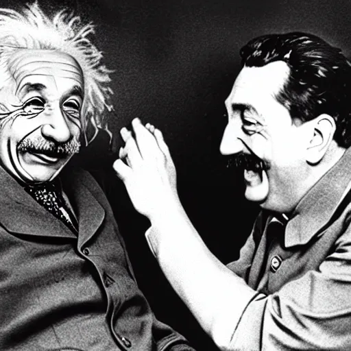 Image similar to Einstein laughing at Stalin, historical photo, high grain, black and white, highly detailed