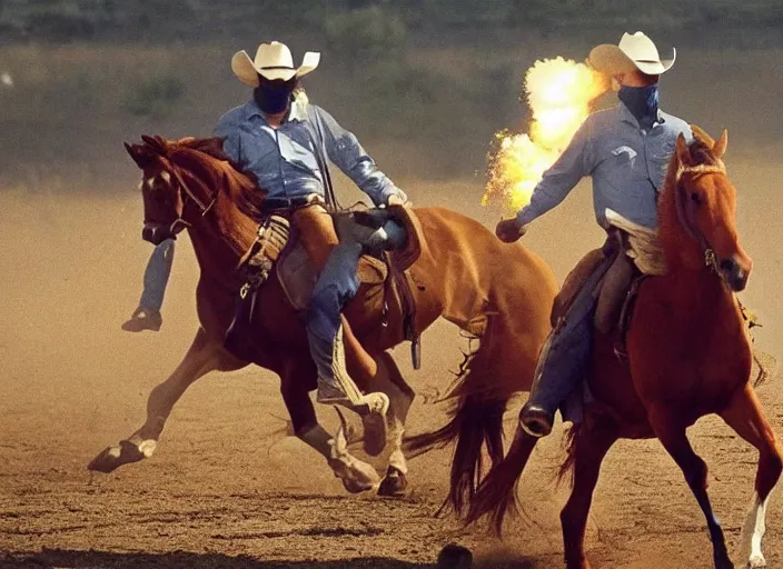 Image similar to a cowboy horse chase vigilantes with face masks disguise, shoot out, exploding horse wide shot, from the hit 1 9 9 0 s tv show on tnt