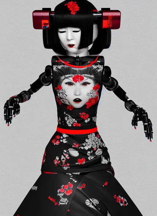 Image similar to full body portrait of a gothic style japanese robot geisha with kanji tattoos and decals wearing a digital pixelated kimono, intricate design, photo - realistic, octane render, dark colour palette, ultra fine detailed, character design, trending on artstation