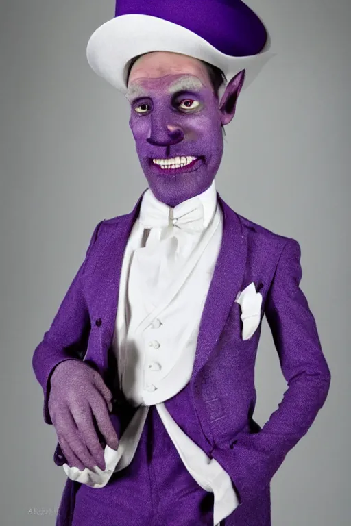 Image similar to a purple skinned tiefling with a goatee wearing a white suit and tophat, purple skin, goatee, by Monia Merlo