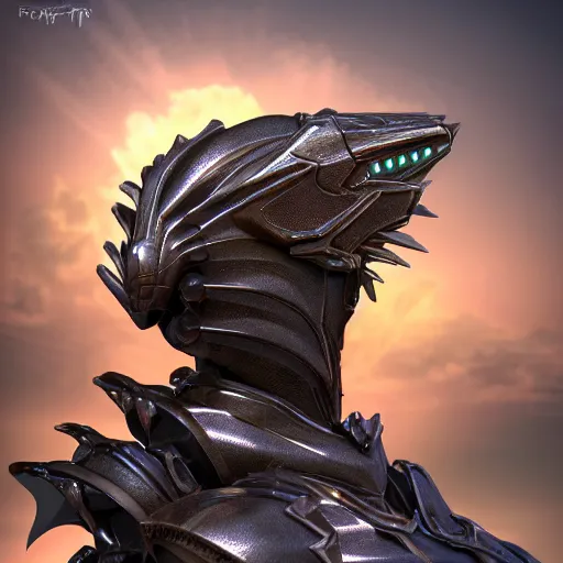 Image similar to epic bust shot, realistic detailed stunning armored anthropomorphic robot female dragon, doing an elegant pose, looking to the side, sleek streamlined armor and design, sharp claws, sleek well designed head with LED eyes, standing on two legs, on the beach during sunset, high quality, cinematic art, sunset lighting, artstation, deviantart, furaffinity