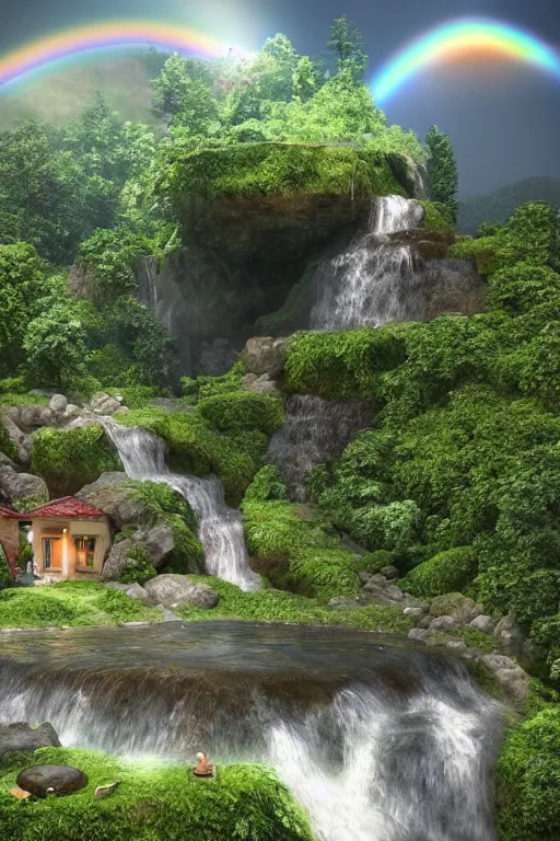 Prompt: a beautiful and peaceful place that has 4 weather seasons at a time, the position of the house on a hill there is a waterfall, rainbow, small river, octane render, cinematic lightning, HD, 8k, by RAFFAELLO OSSOLA and Tyler Edlin, trending on instagram, artstation